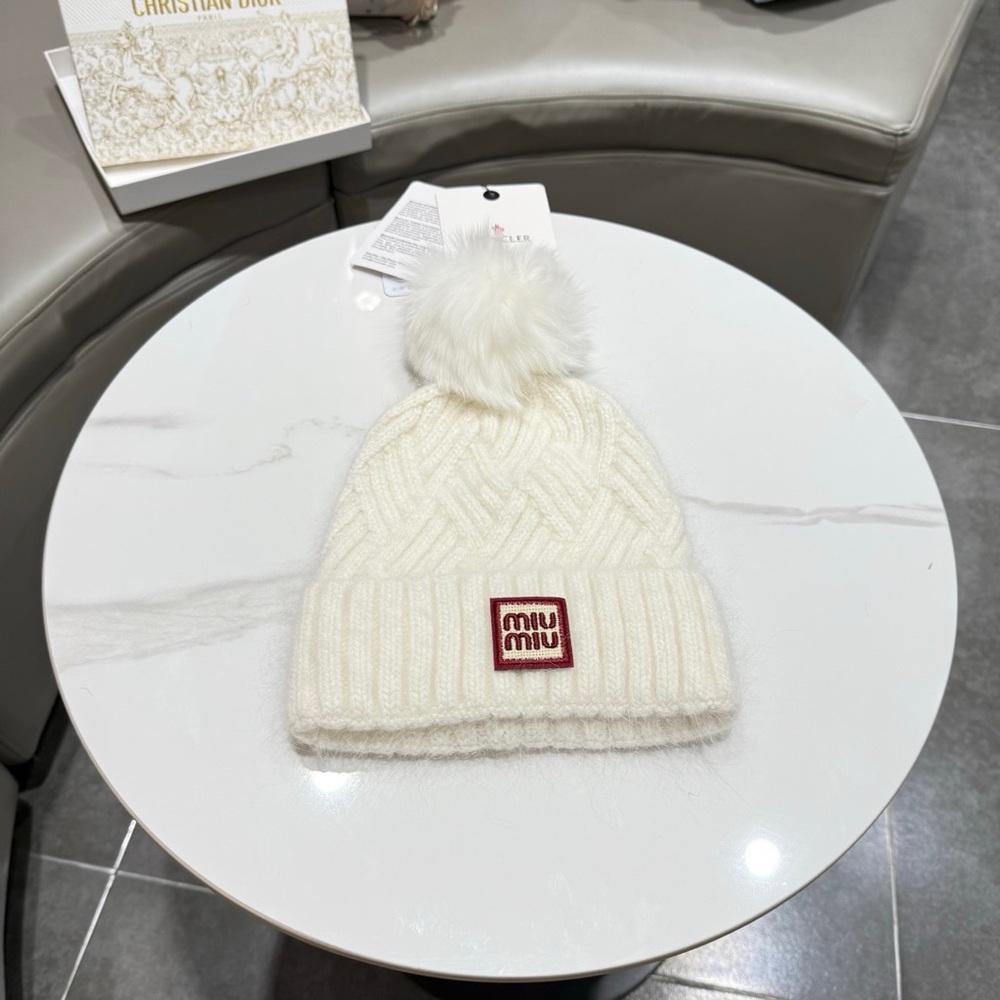 Miu Miu Off-White Knit Pom Beanie with Red Logo Patch
